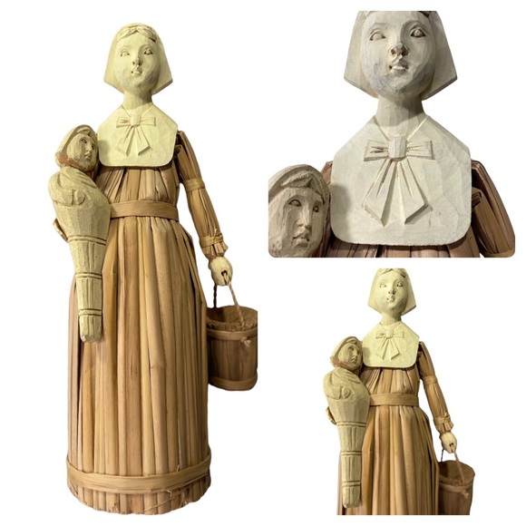 Vintage Cornhusk & Carved Wood 17” Male & 16” Female Pilgrim Figures - Picture 4 of 14